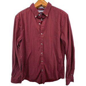 Denim & Flower Mens Button Shirt Sz M Maroon Polka Dot Classic BizCasual Cotton